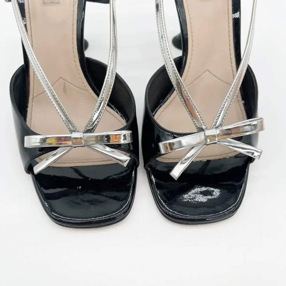 Miu Miu Black Patent Leather Silver Bow Slingback Heeled Sandal Heels IT 40